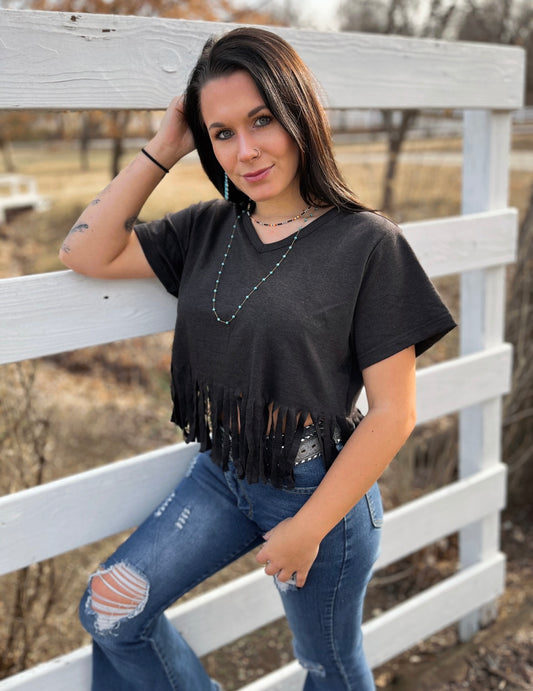 Black Fringe Crop Top